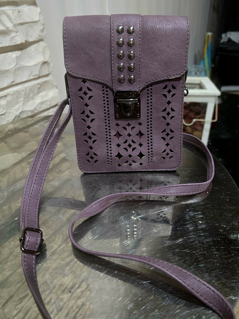 Studded Laser-Cut Crossbody Bag in Plum